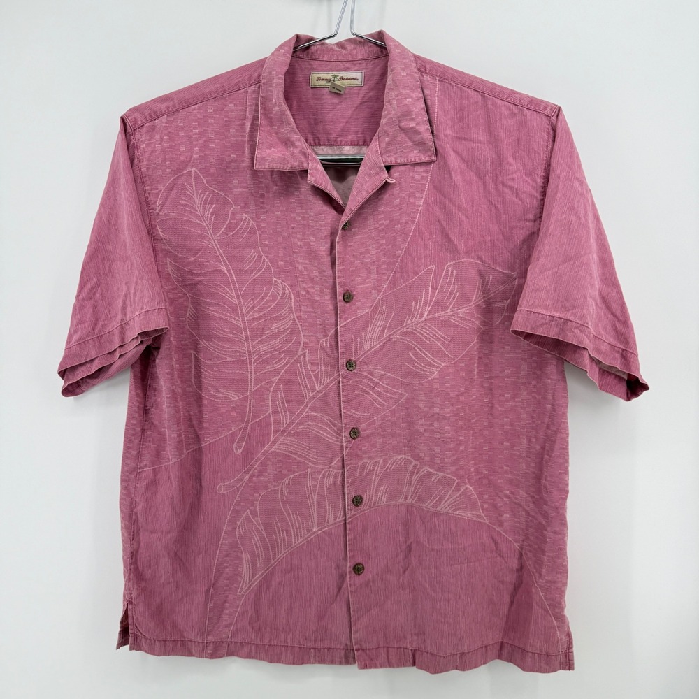 Tommy Bahama Shirt Mens XL Pink Leaf Silk Short Sleeve Embroidered Camp Tropical